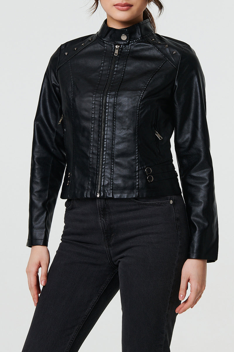 BLACK | Faux Leather Cropped Biker Jacket