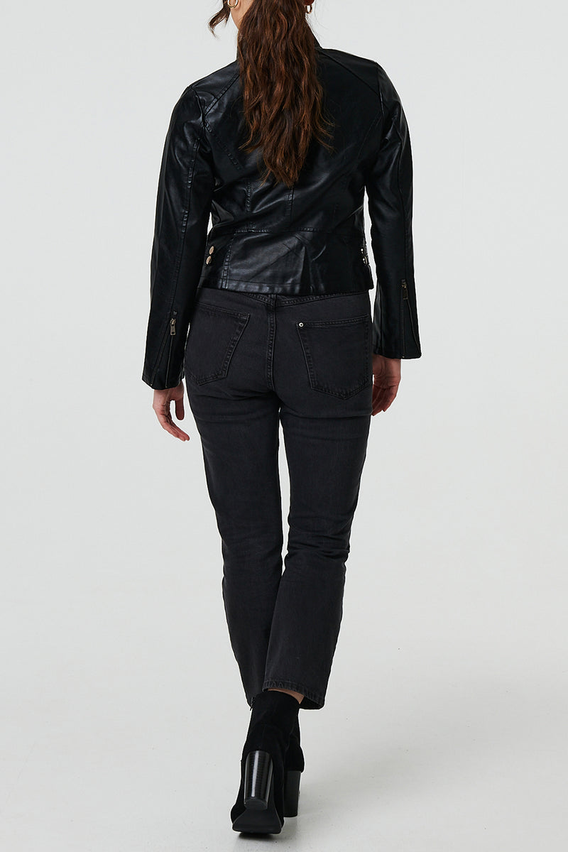 BLACK | Faux Leather Cropped Biker Jacket