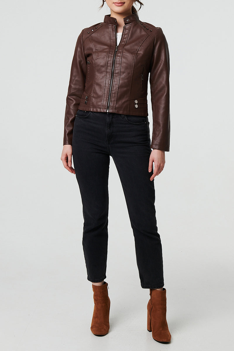 BROWN | Faux Leather Cropped Biker Jacket