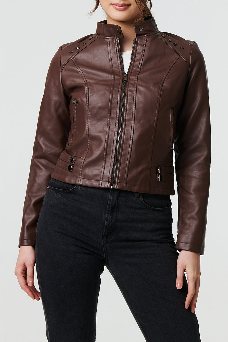 BROWN | Faux Leather Cropped Biker Jacket