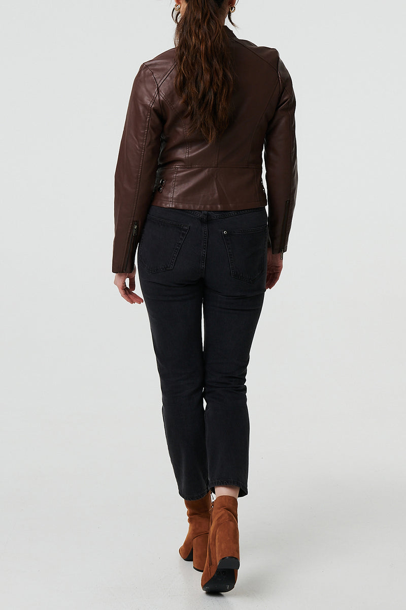 BROWN | Faux Leather Cropped Biker Jacket
