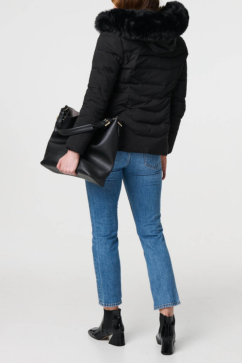 BLACK | Faux Fur Hooded Zip-Up Puffer Jacket