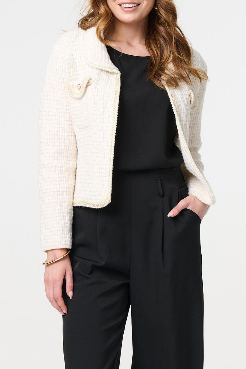 CREAM | Textured Knit Pocket Front Crop Jacket