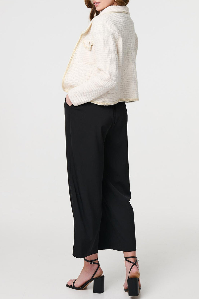 CREAM | Textured Knit Pocket Front Crop Jacket