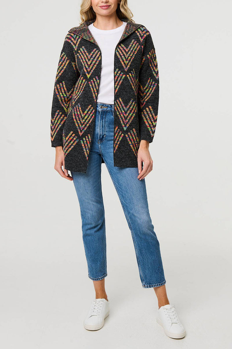 MULTI GREY | Abstract Print Longline Knit Hooded Jacket