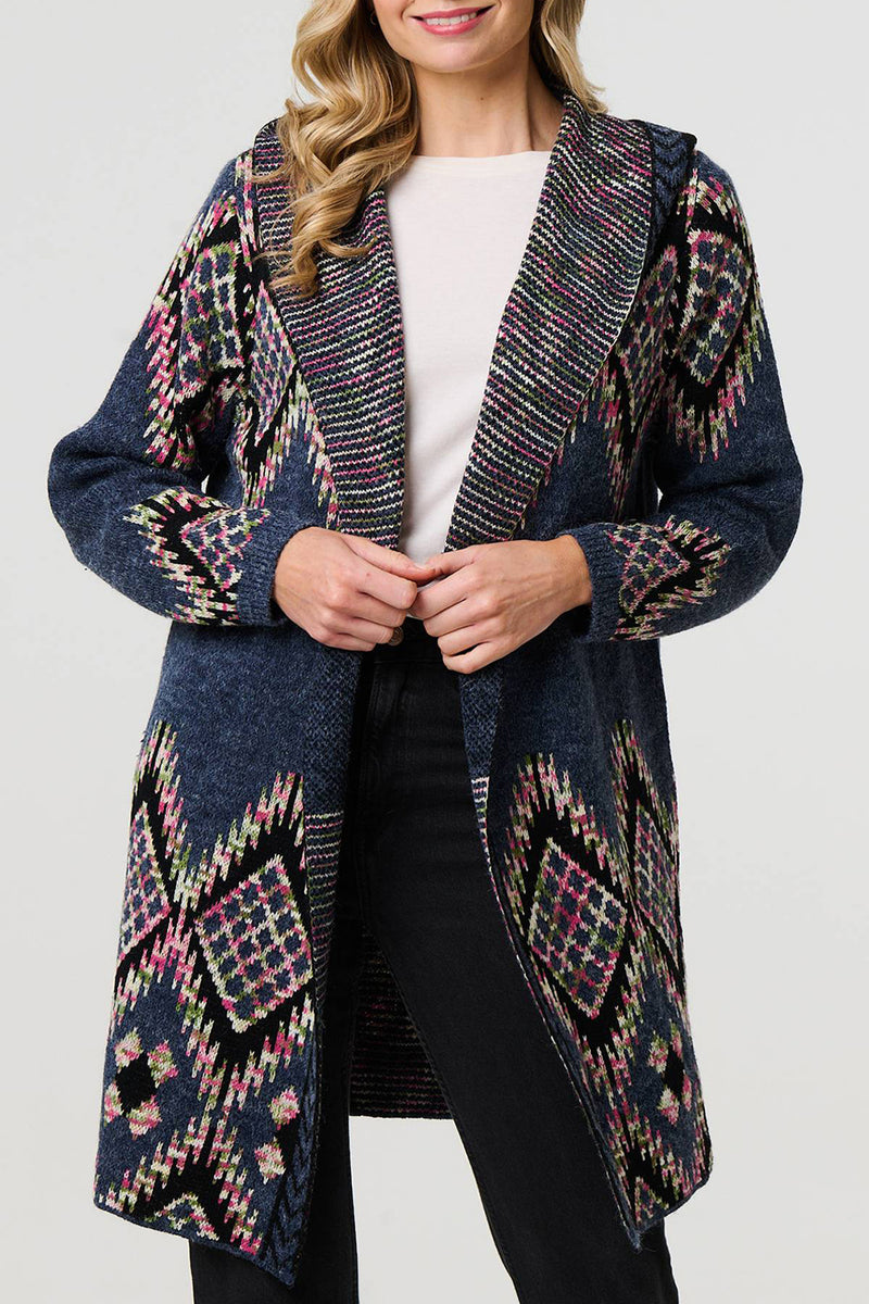 MULTI BLUE | Aztec Print Longline Knitted Coatigan