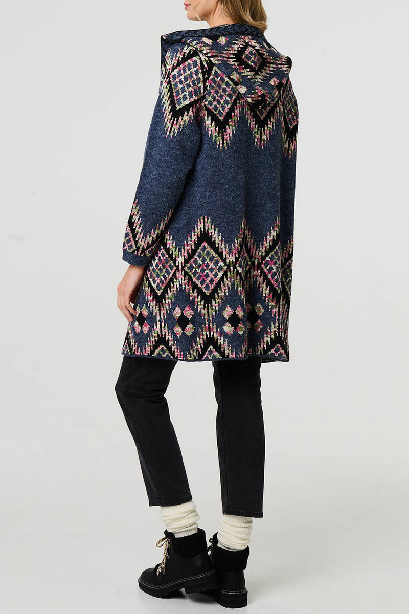 MULTI BLUE | Aztec Print Longline Knitted Coatigan