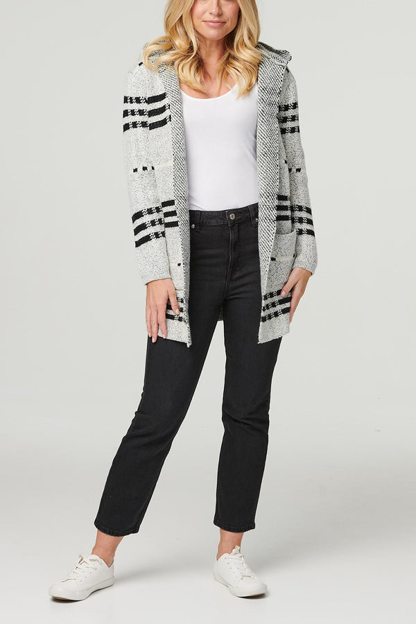 Multi Grey | Checked Hooded Knit Cardigan