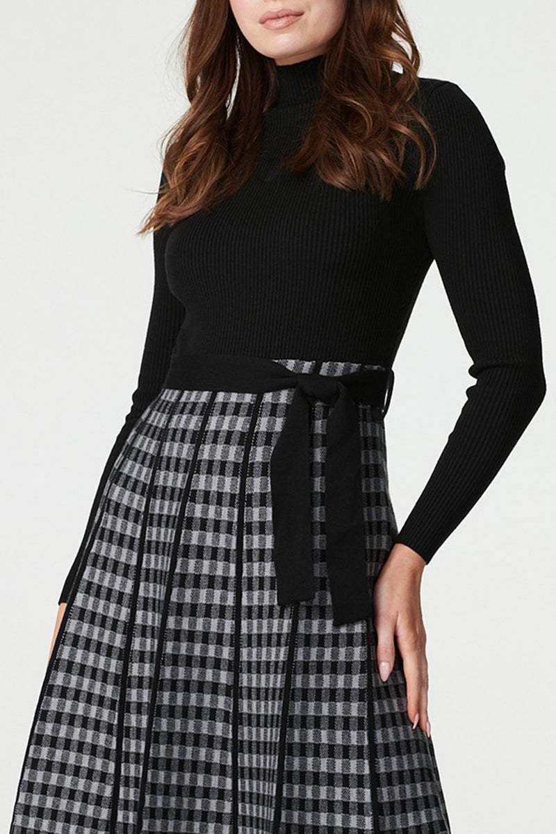 BLACK | Checked High Neck Pleated Knit Short Dress