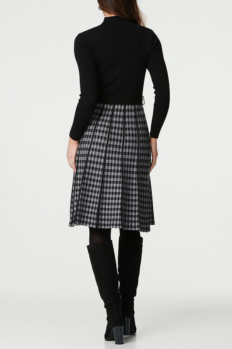 BLACK | Checked High Neck Pleated Knit Short Dress
