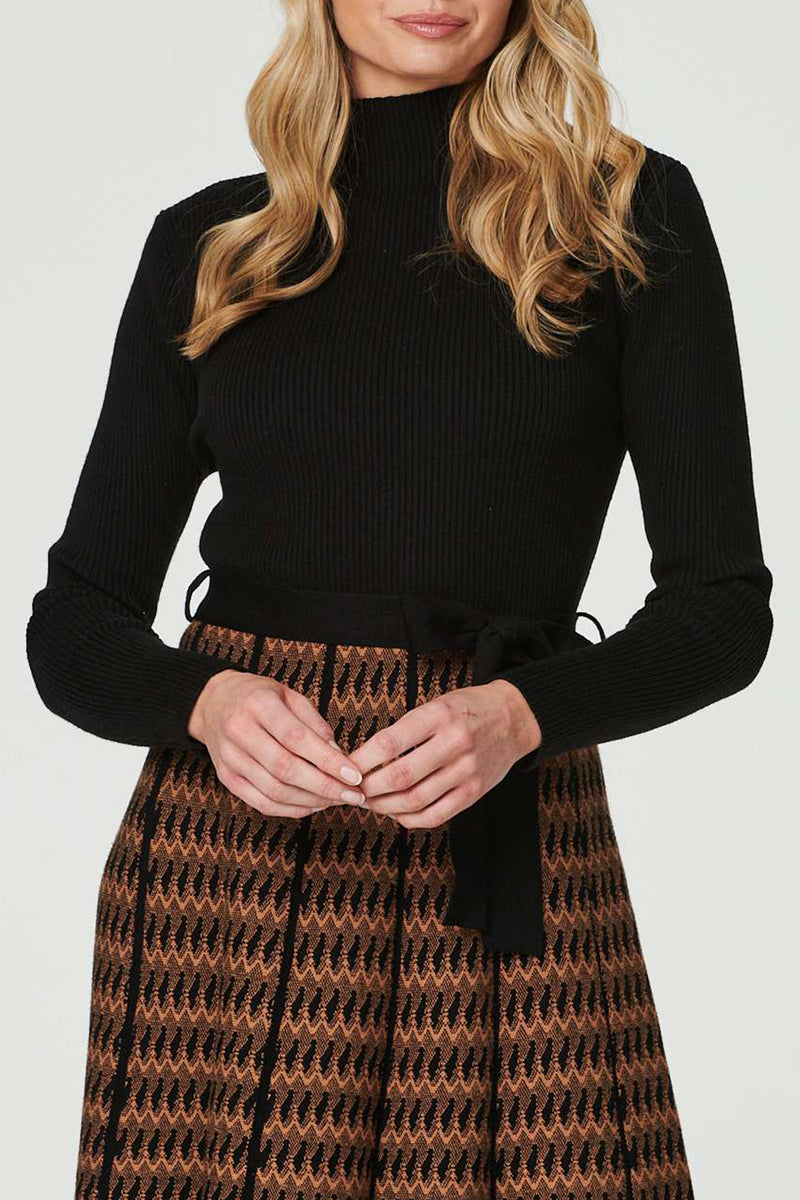 BLACK | Printed High Neck Knit Knee Length Dress