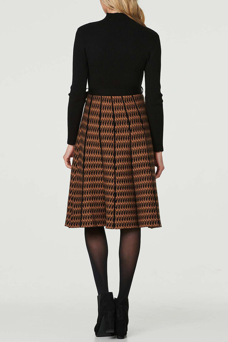 BLACK | Printed High Neck Knit Knee Length Dress