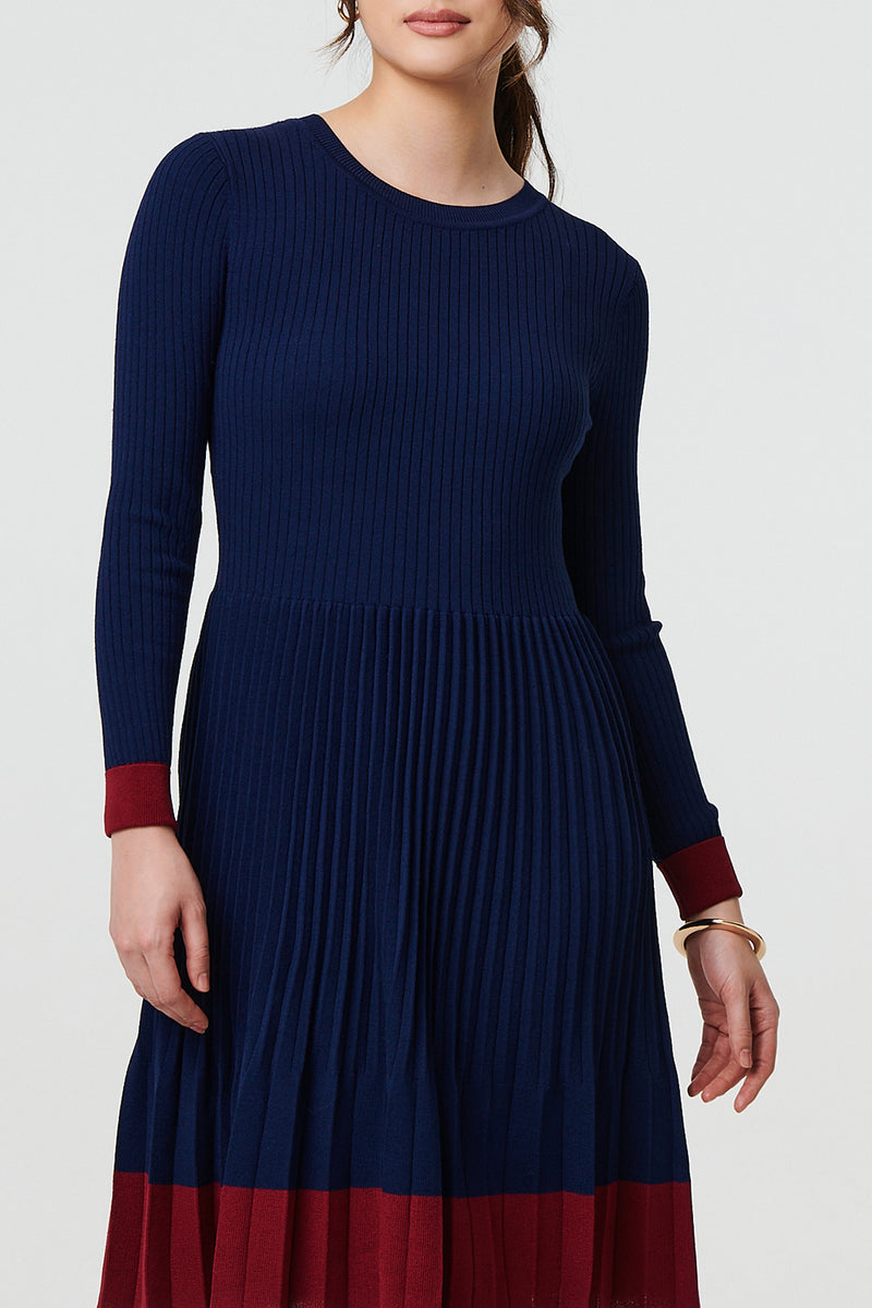 NAVY | Colour Block Tie Neck Pleat Jumper Dress