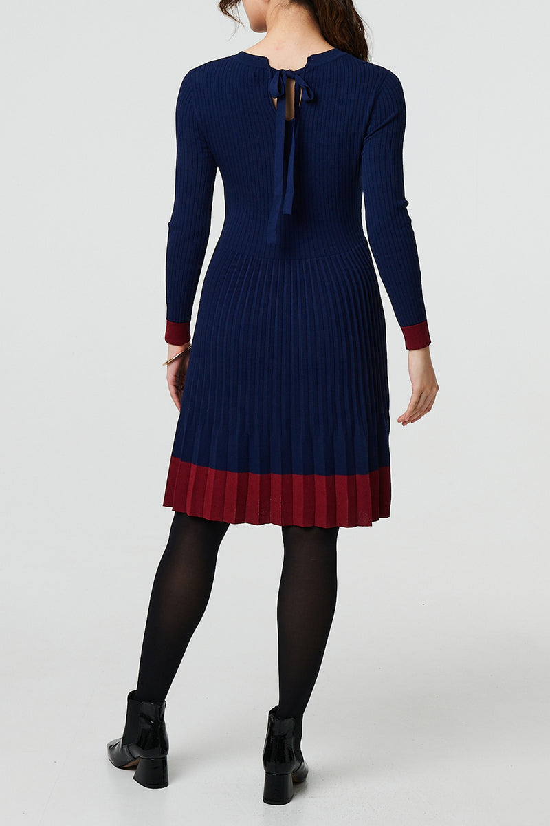 NAVY | Colour Block Tie Neck Pleat Jumper Dress
