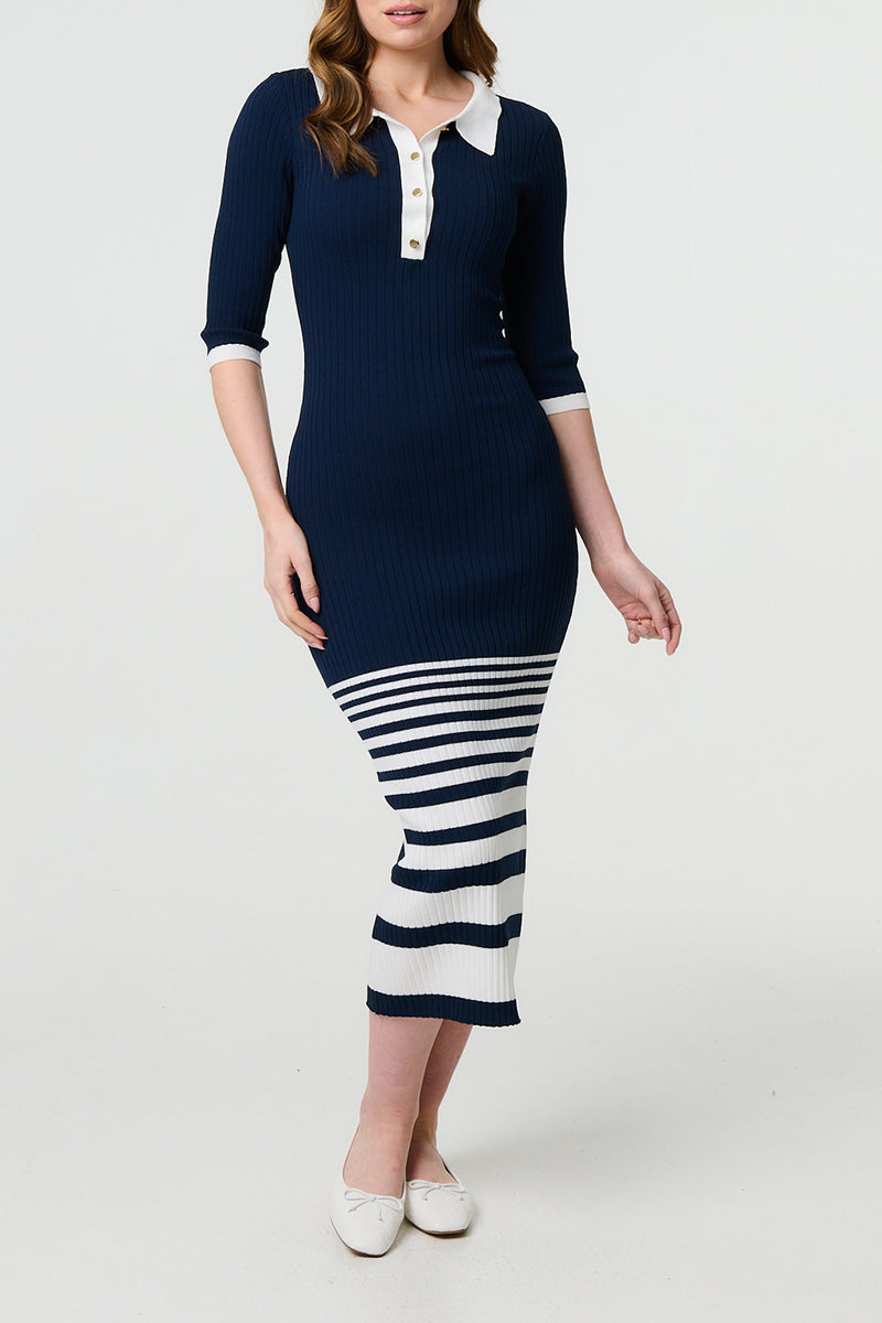 NAVY | Striped Collared Knee Length Knit Dress