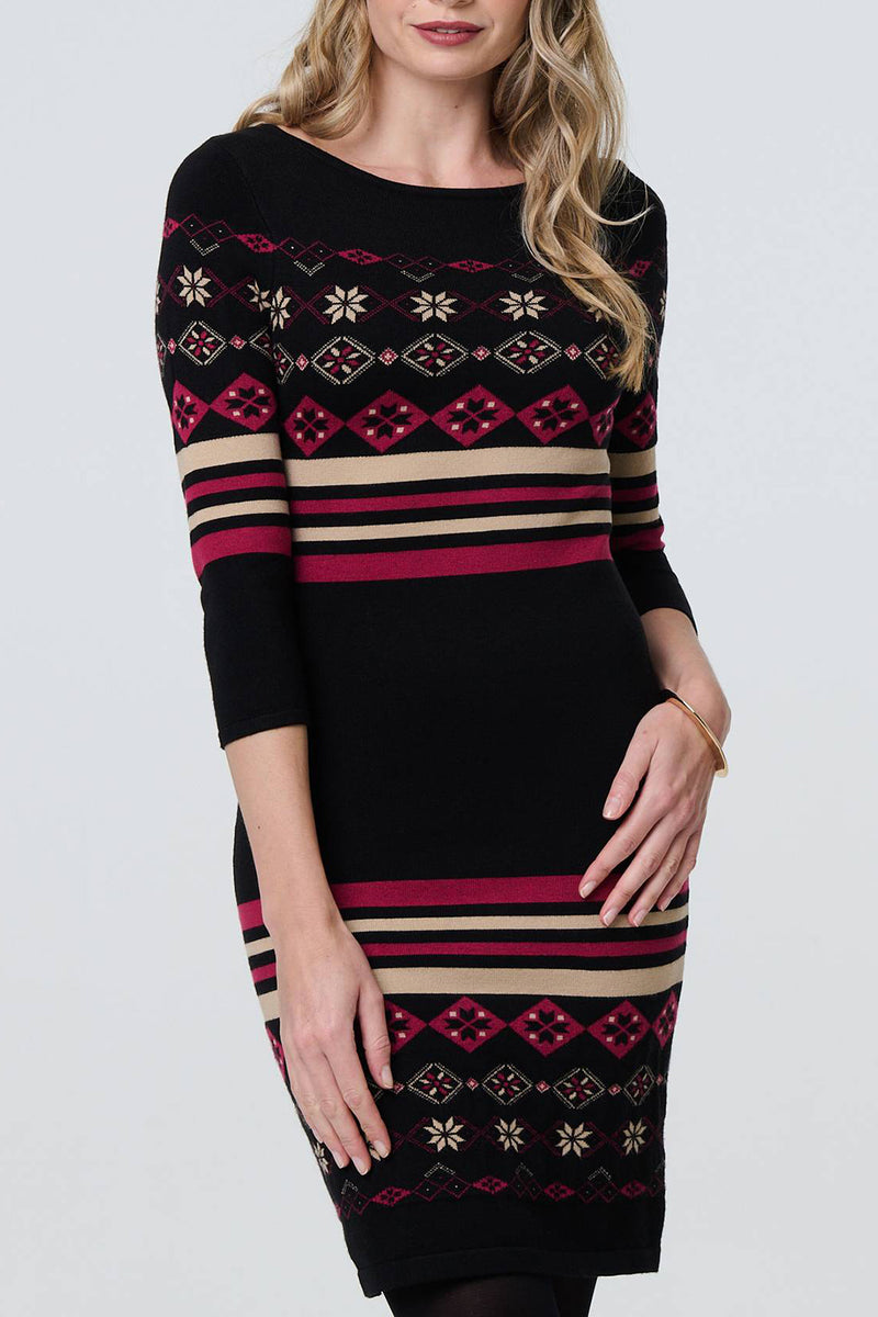 MULTI BLACK | Fair Isle 3/4 Sleeve Knitted Short Dress