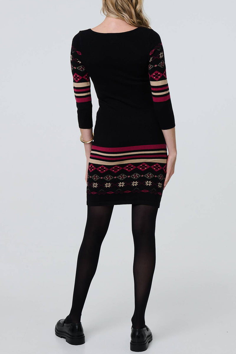 MULTI BLACK | Fair Isle 3/4 Sleeve Knitted Short Dress