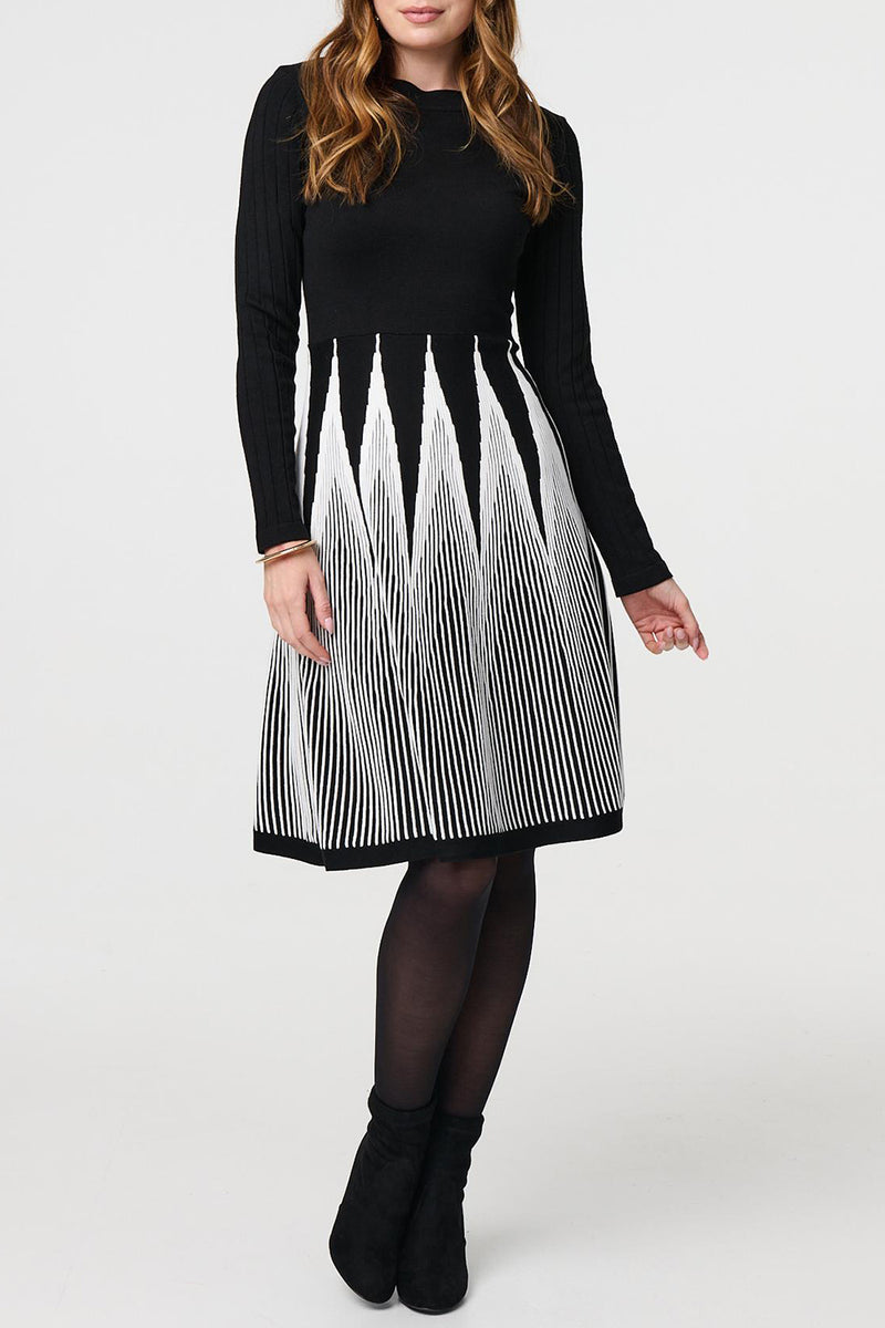 BLACK | Chevron Print Knee Length Knit Skater Dress