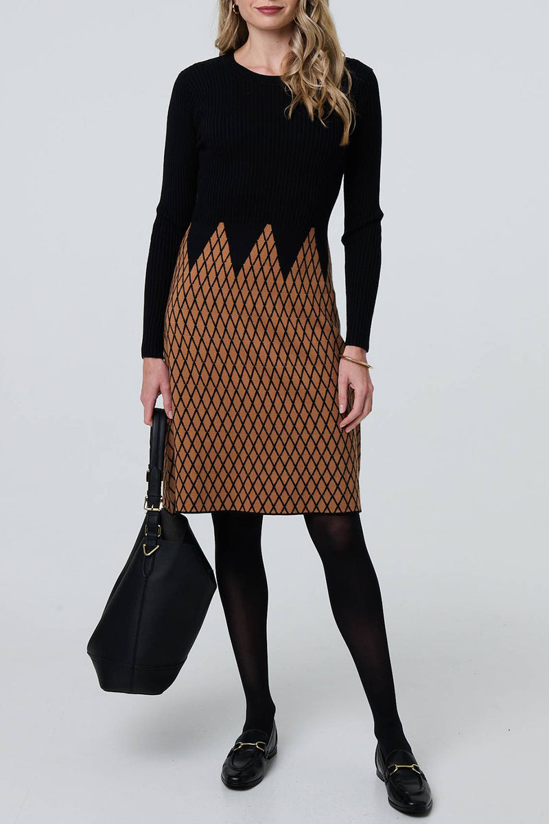 BLACK | Checked Long Sleeve Short Jumper Dress