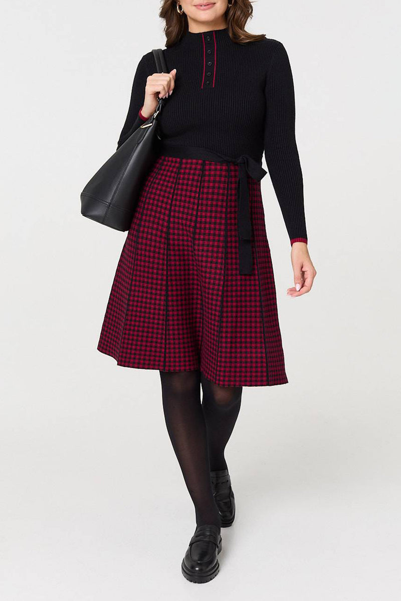 RED | Checked Button Front Knit Dress