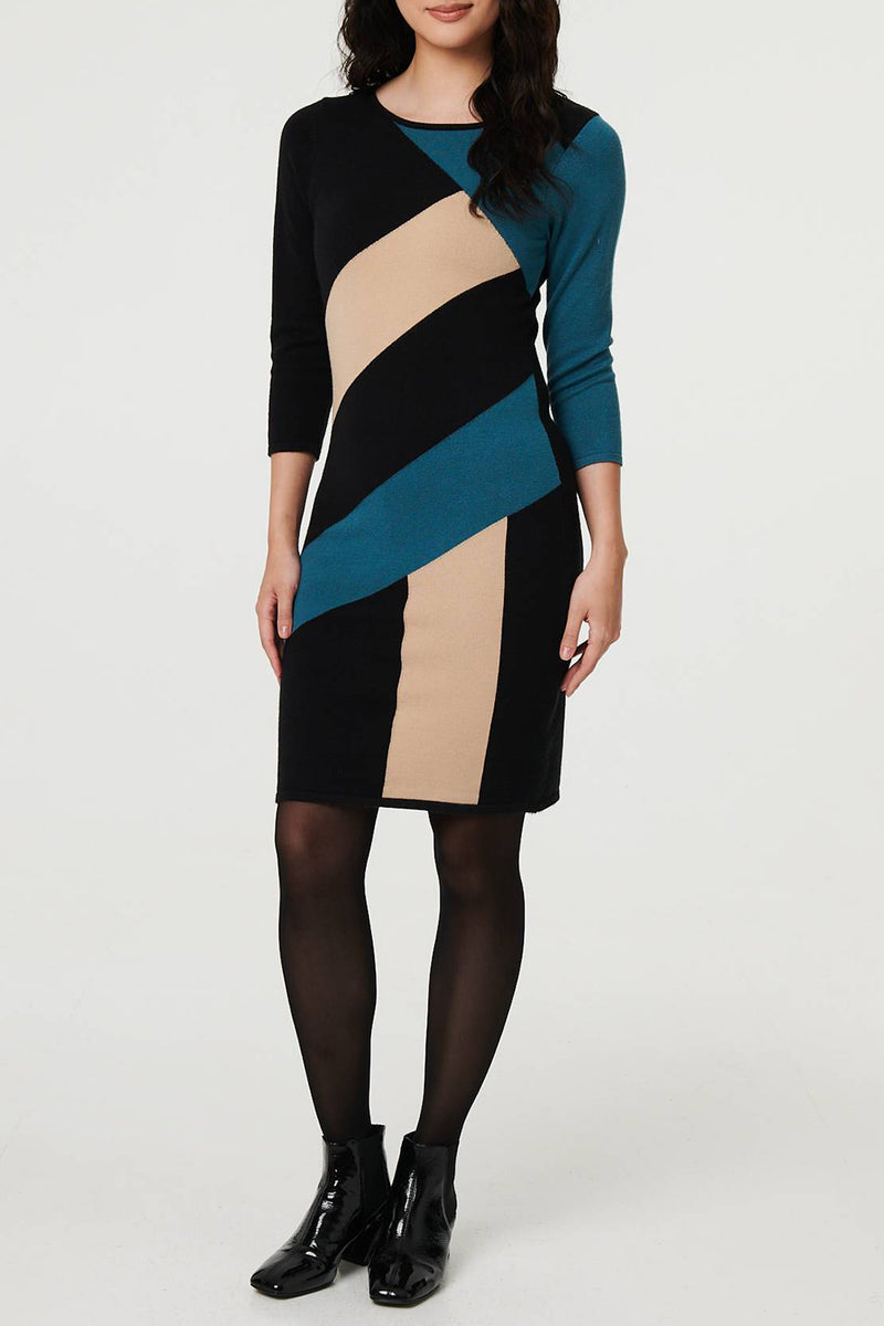 MULTI BLUE| Colour Block Knitted Bodycon Dress
