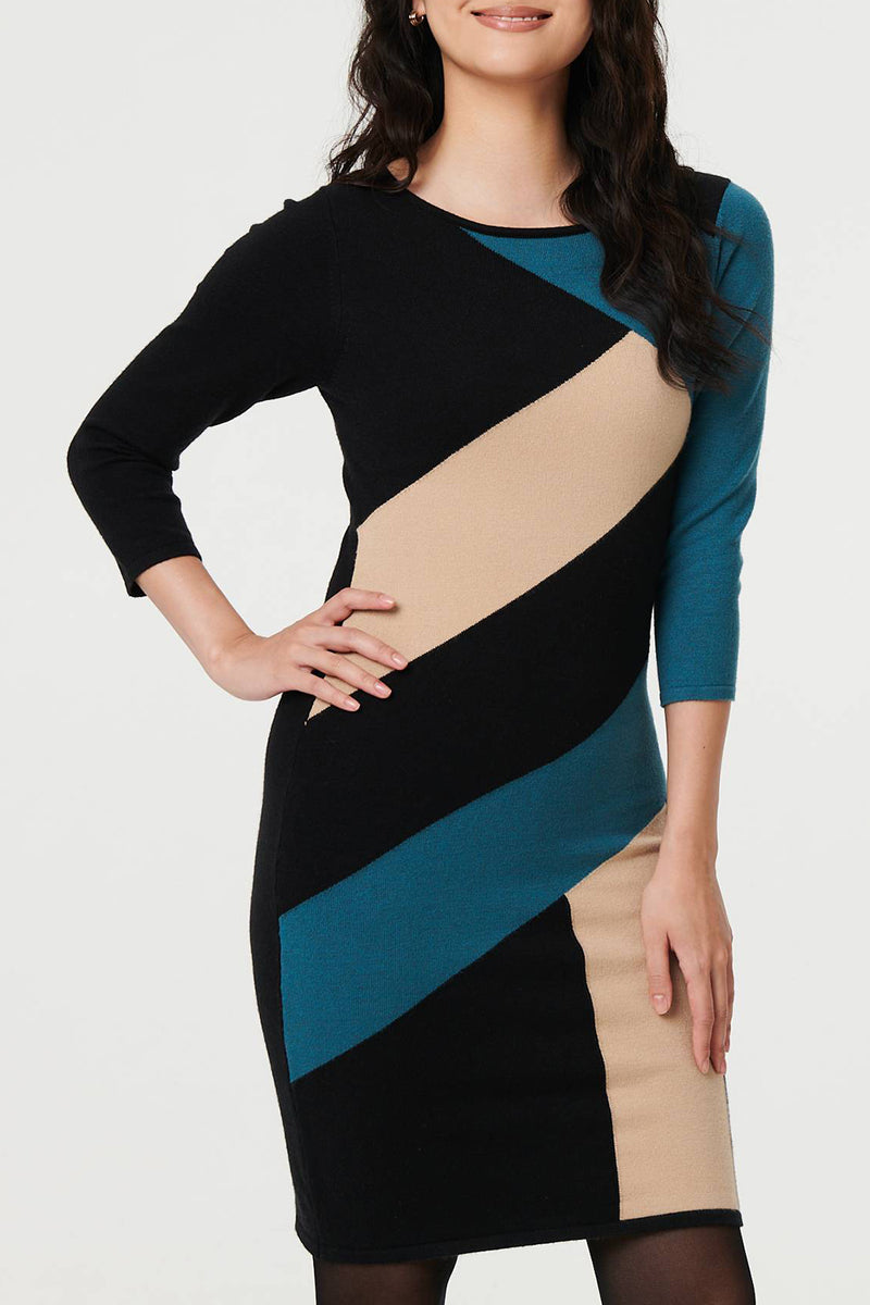 MULTI BLUE| Colour Block Knitted Bodycon Dress