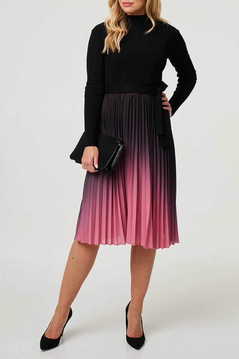 BLACK | Ombre Pleated Jumper Knee Length Dress