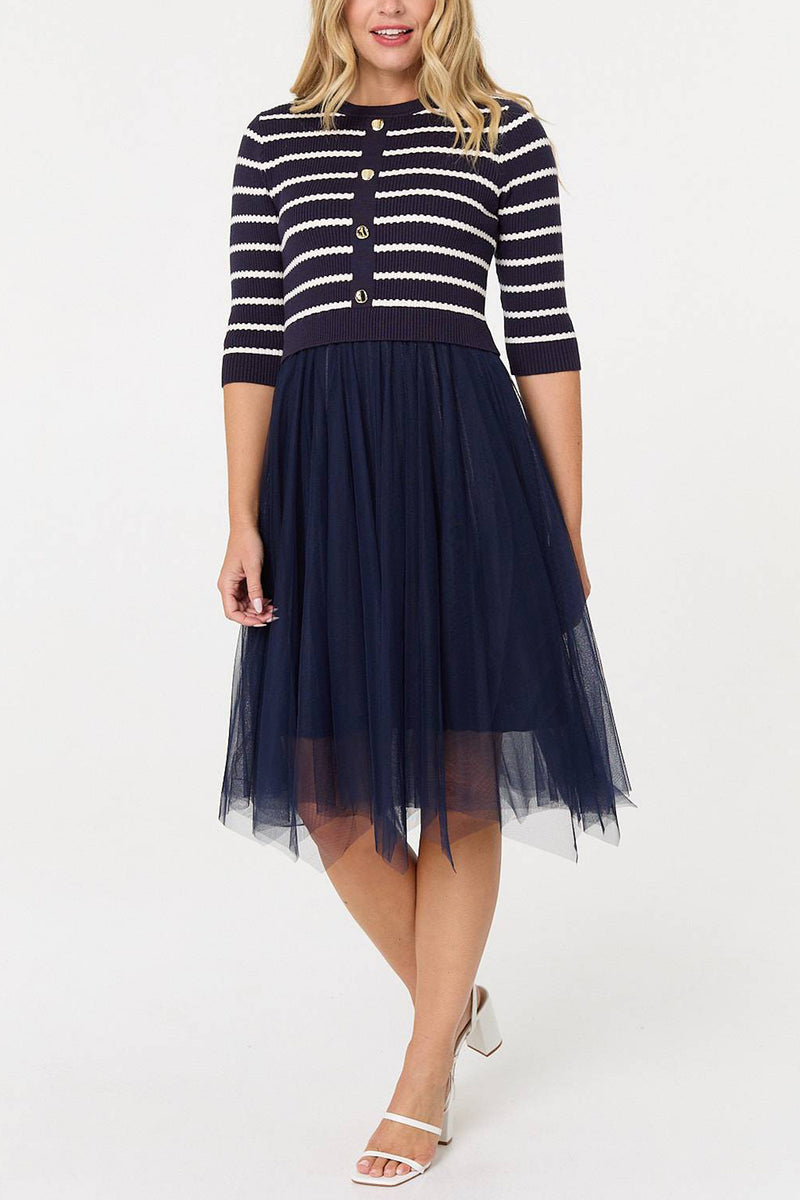 NAVY | Striped Mesh Hanky Hem Midi Jumper Dress