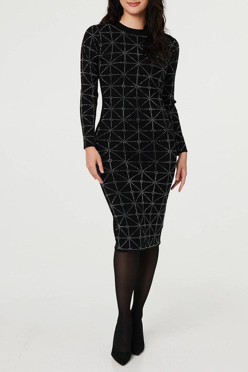 BLACK| Embellished Long Sleeve Bodycon Dress