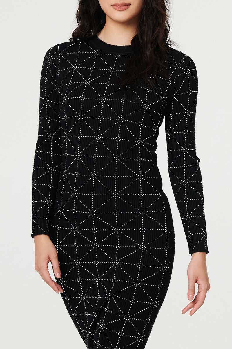 BLACK| Embellished Long Sleeve Bodycon Dress