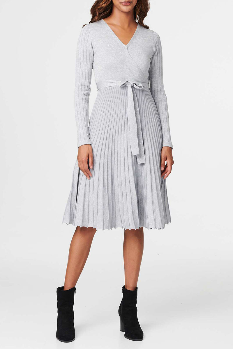 SILVER | Textured Knit Pleated Midi Wrap Dress
