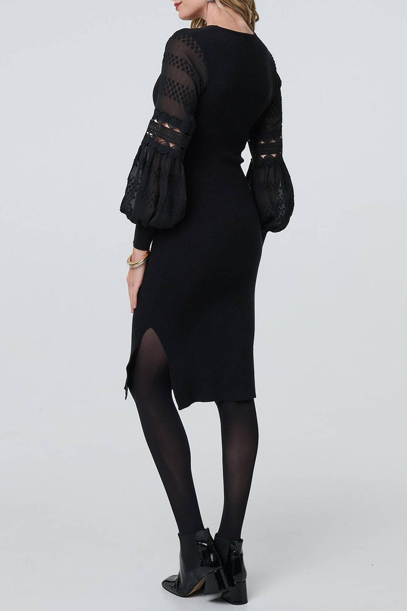 BLACK | Lace Knit Puff Sleeve Knee Length Dress
