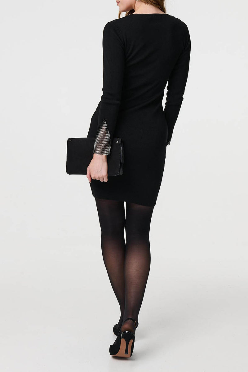 BLACK | Sparkle Trim V-Neck Bodycon Mini Dress