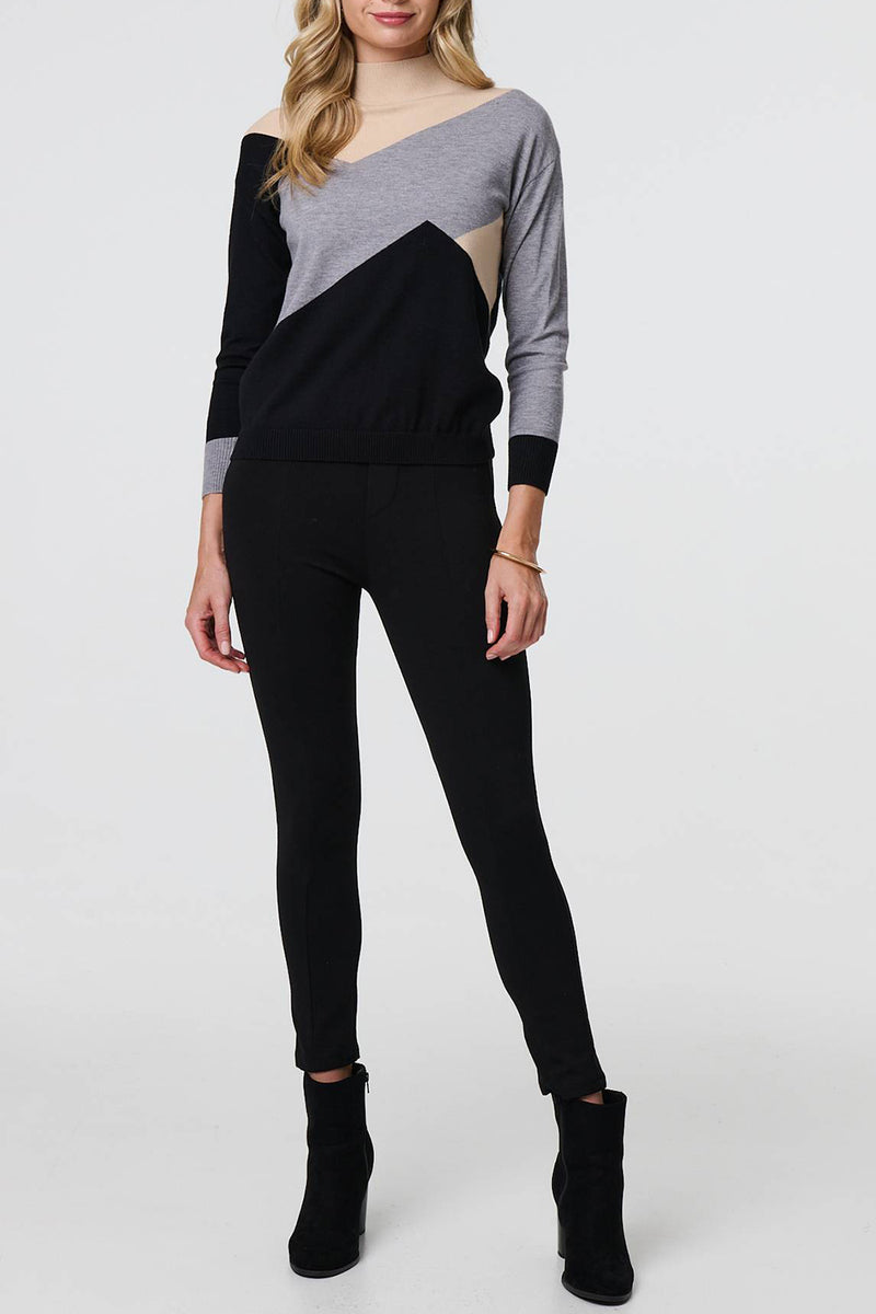MULTI GREY | Colour Block High Neck Fitted Knit Top