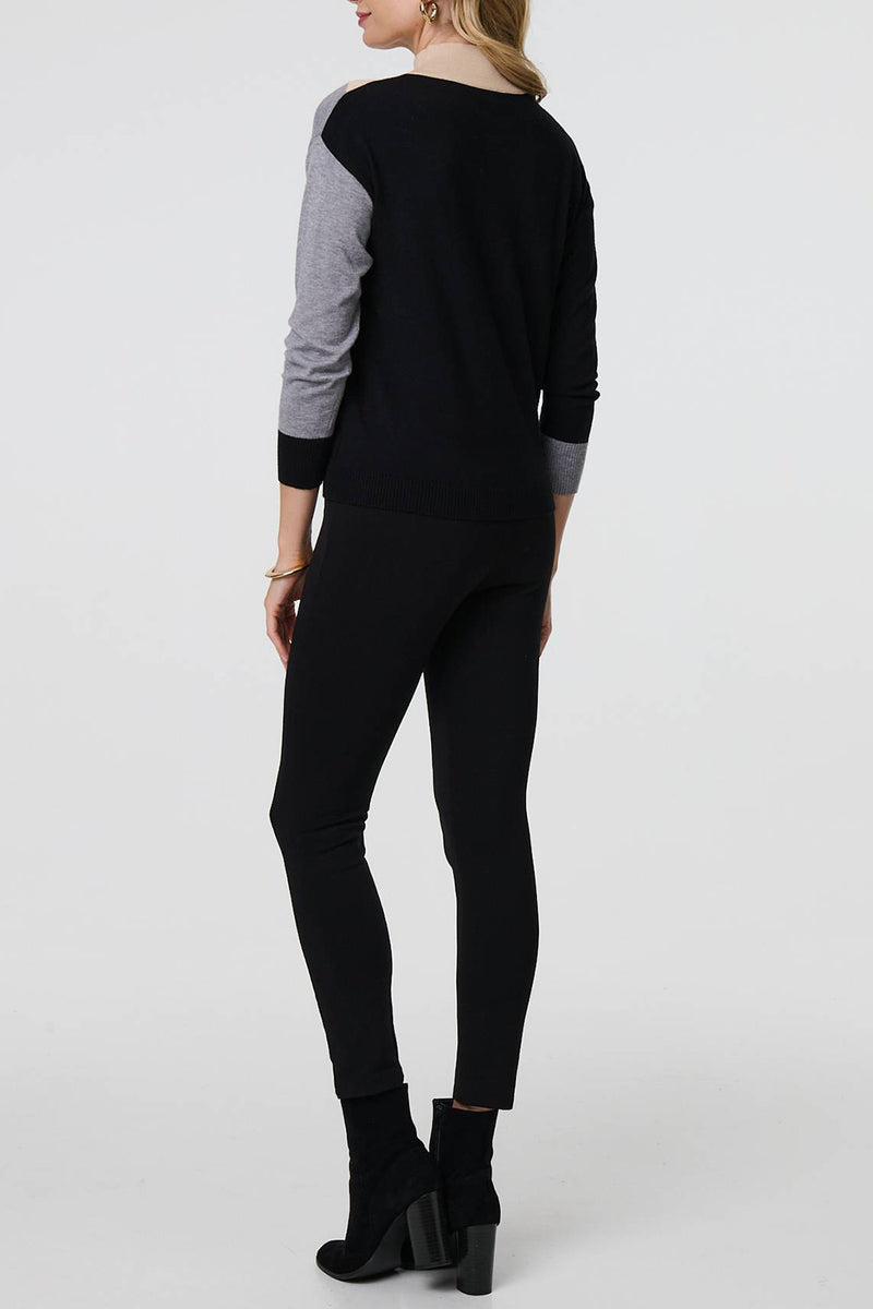 MULTI GREY | Colour Block High Neck Fitted Knit Top