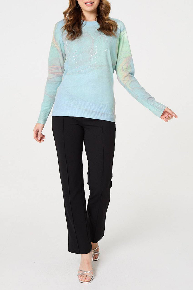 GREEN | Marble Print Metallic Detail Knit Top