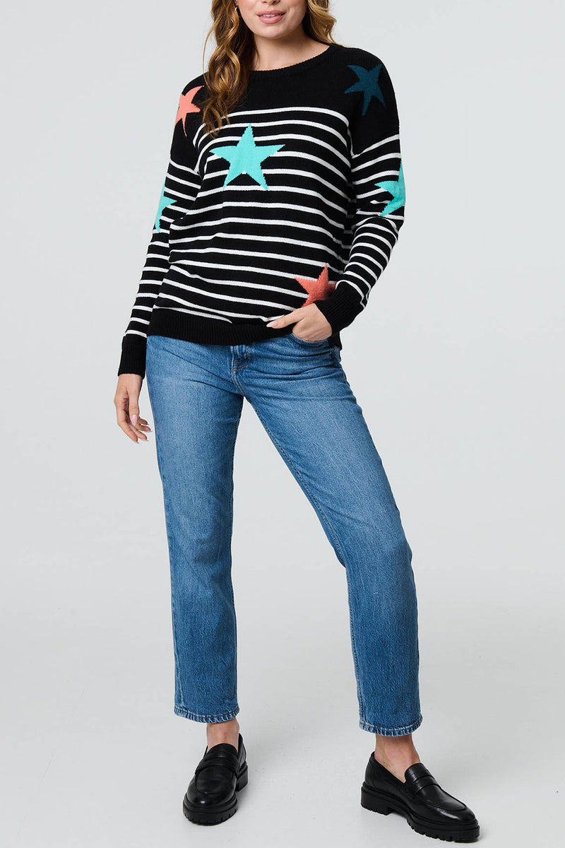 BLACK | Striped Star Print Relaxed Jumper