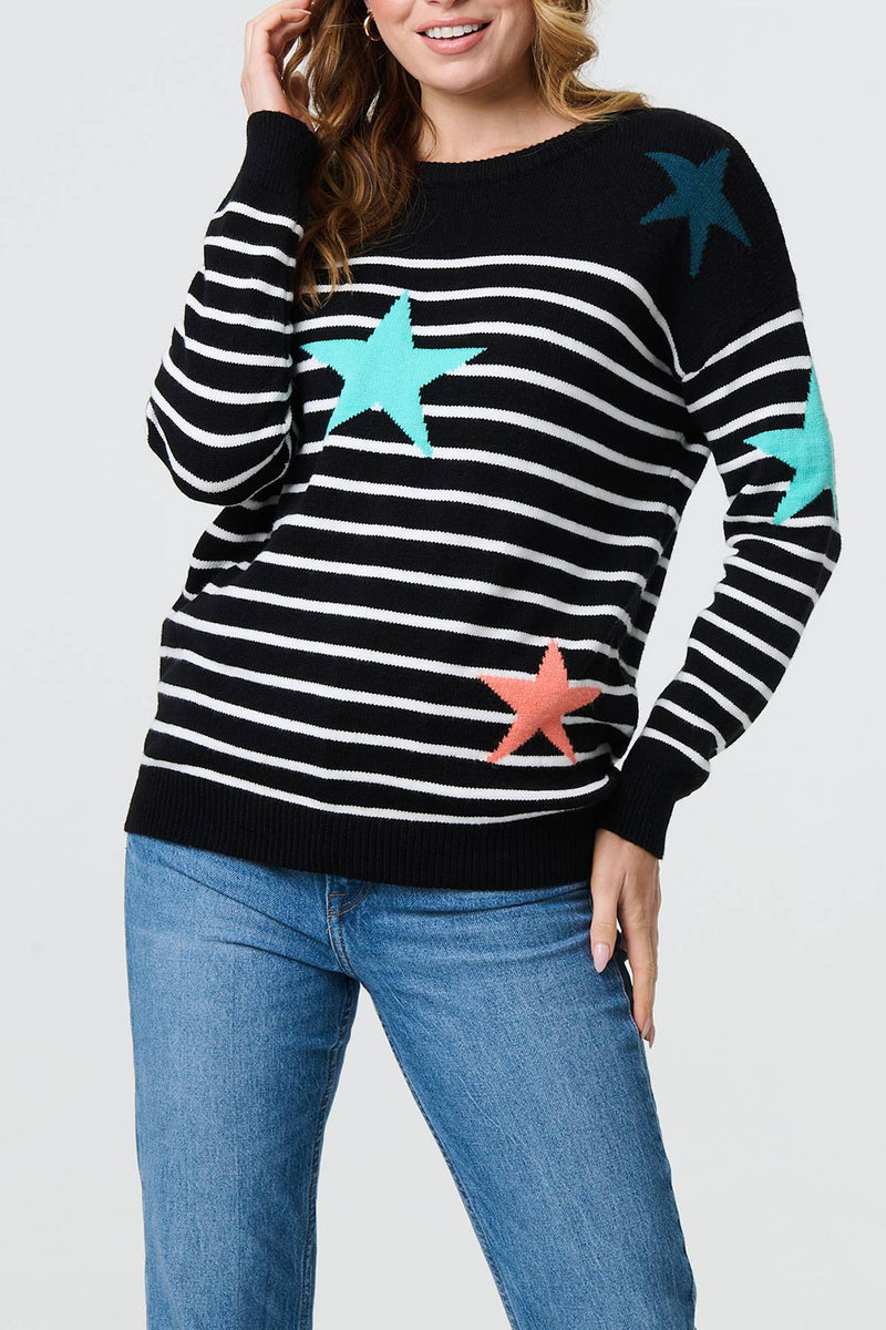 BLACK | Striped Star Print Relaxed Jumper