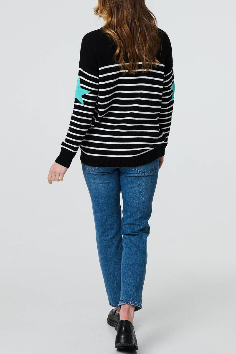 BLACK | Striped Star Print Relaxed Jumper