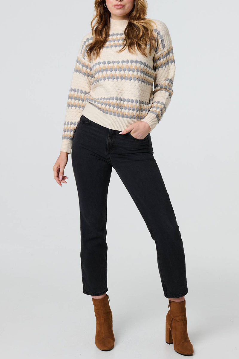 CREAM | Striped Texture High Neck Jumper