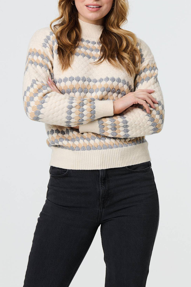 CREAM | Striped Texture High Neck Jumper