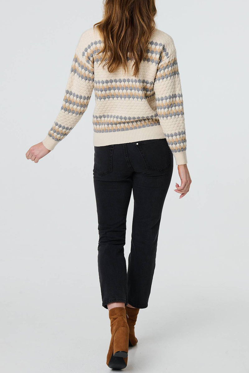 CREAM | Striped Texture High Neck Jumper