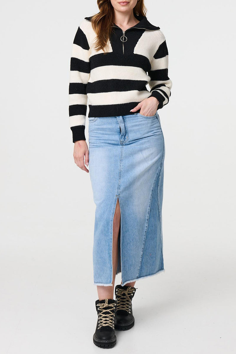 MULTI WHITE | Striped 1/4 Zip Neck Long Sleeve Jumper