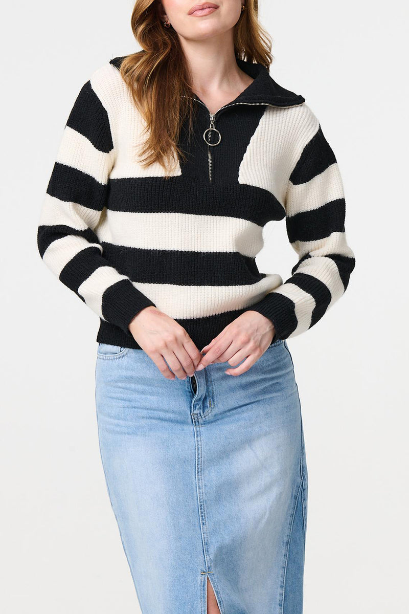 MULTI WHITE | Striped 1/4 Zip Neck Long Sleeve Jumper
