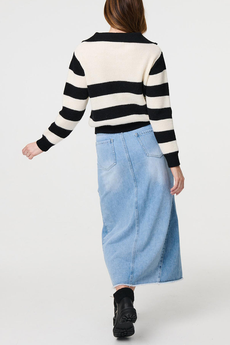MULTI WHITE | Striped 1/4 Zip Neck Long Sleeve Jumper