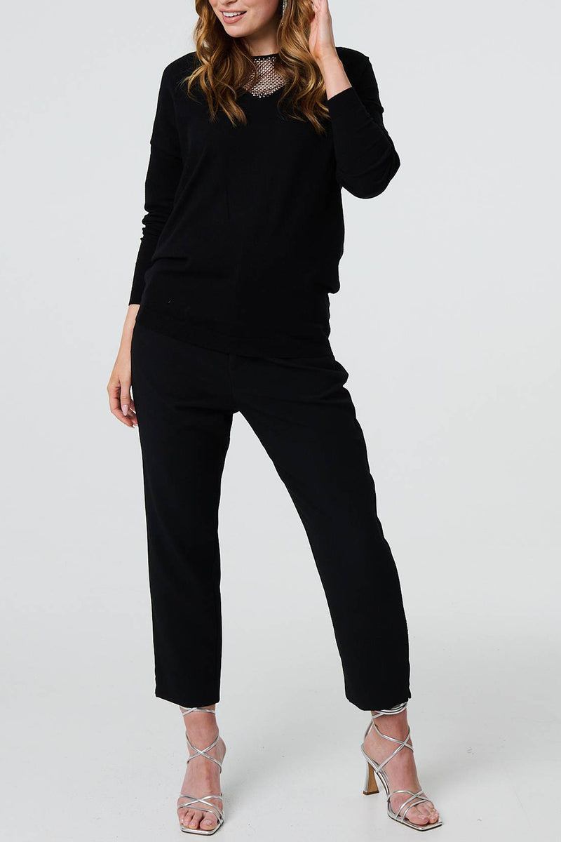 BLACK | Sparkle Mesh V-Neck Slim Knit Top