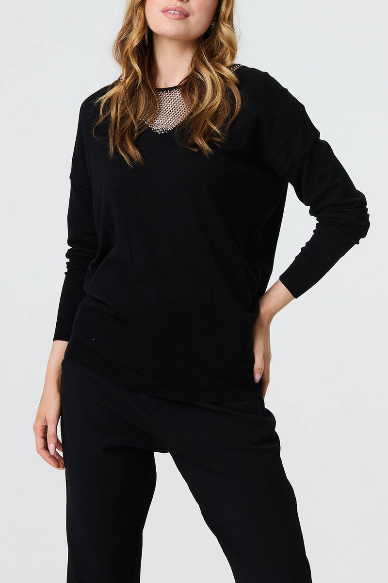 BLACK | Sparkle Mesh V-Neck Slim Knit Top