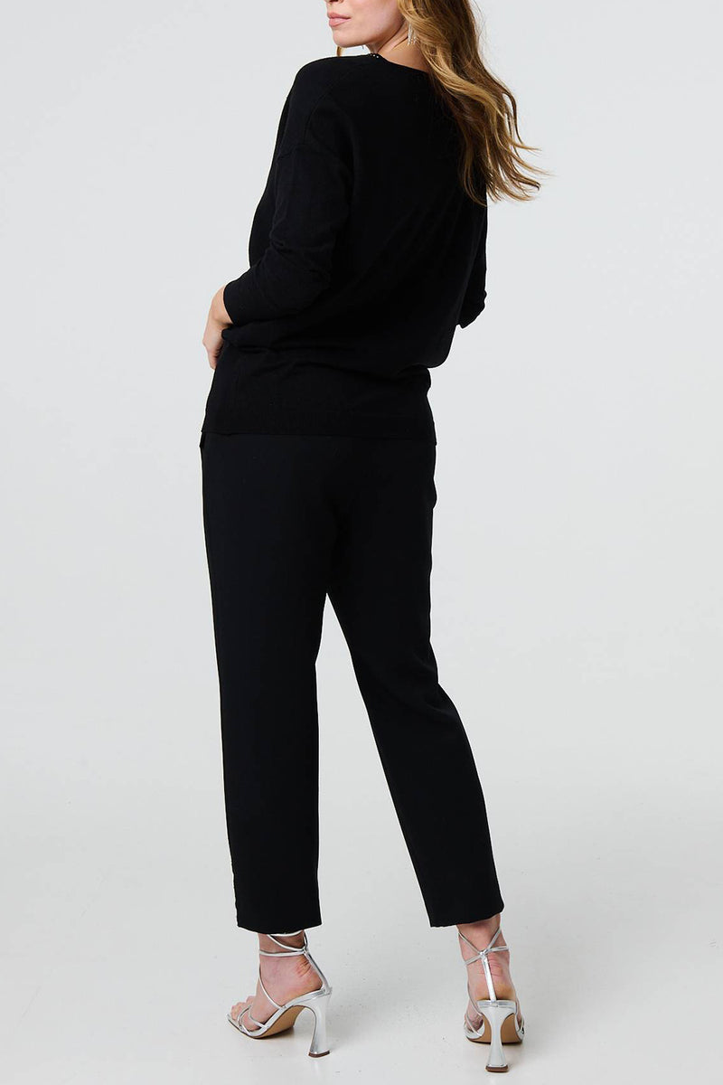 BLACK | Sparkle Mesh V-Neck Slim Knit Top