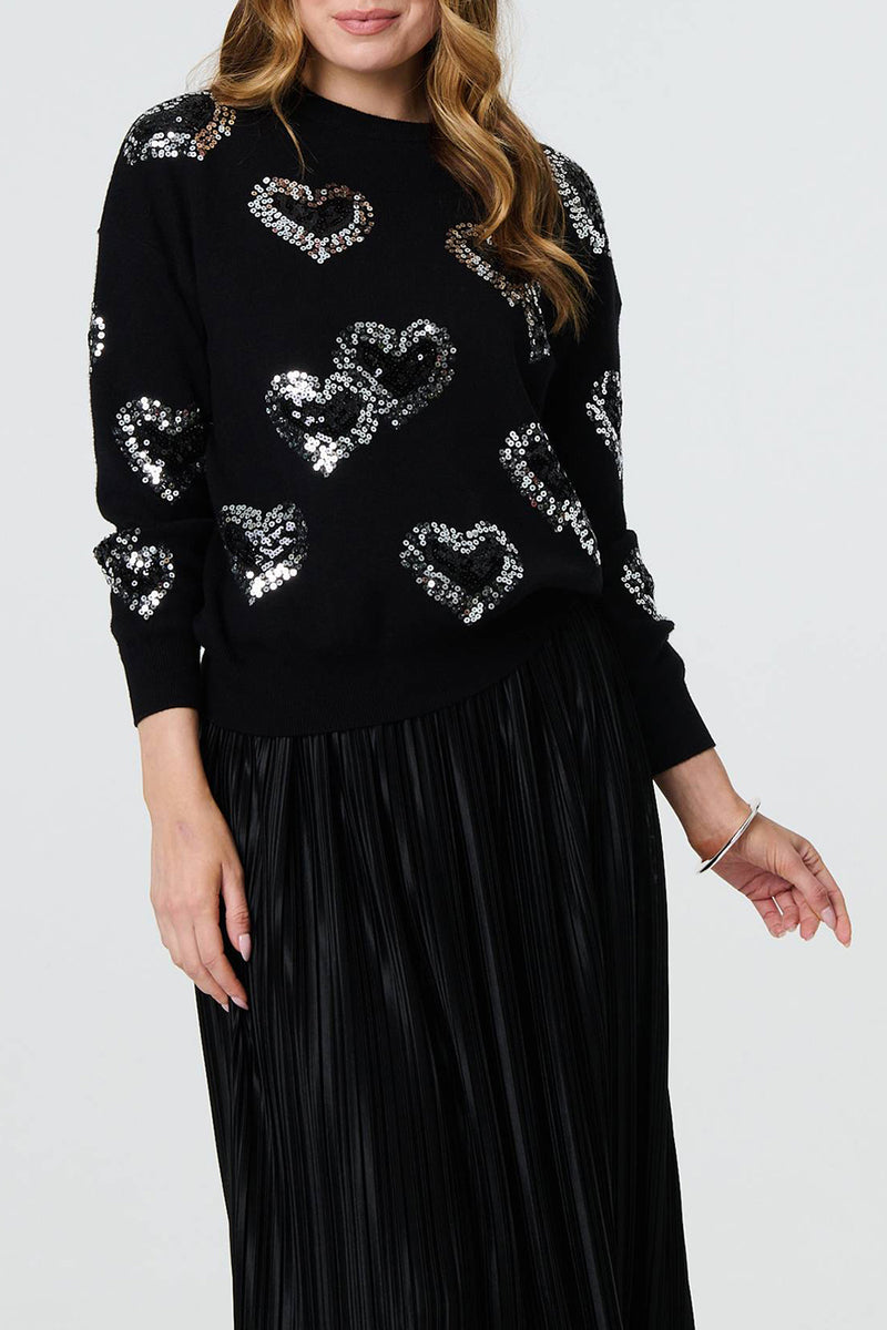 BLACK | Sequin Heart Embellished Knit Jumper