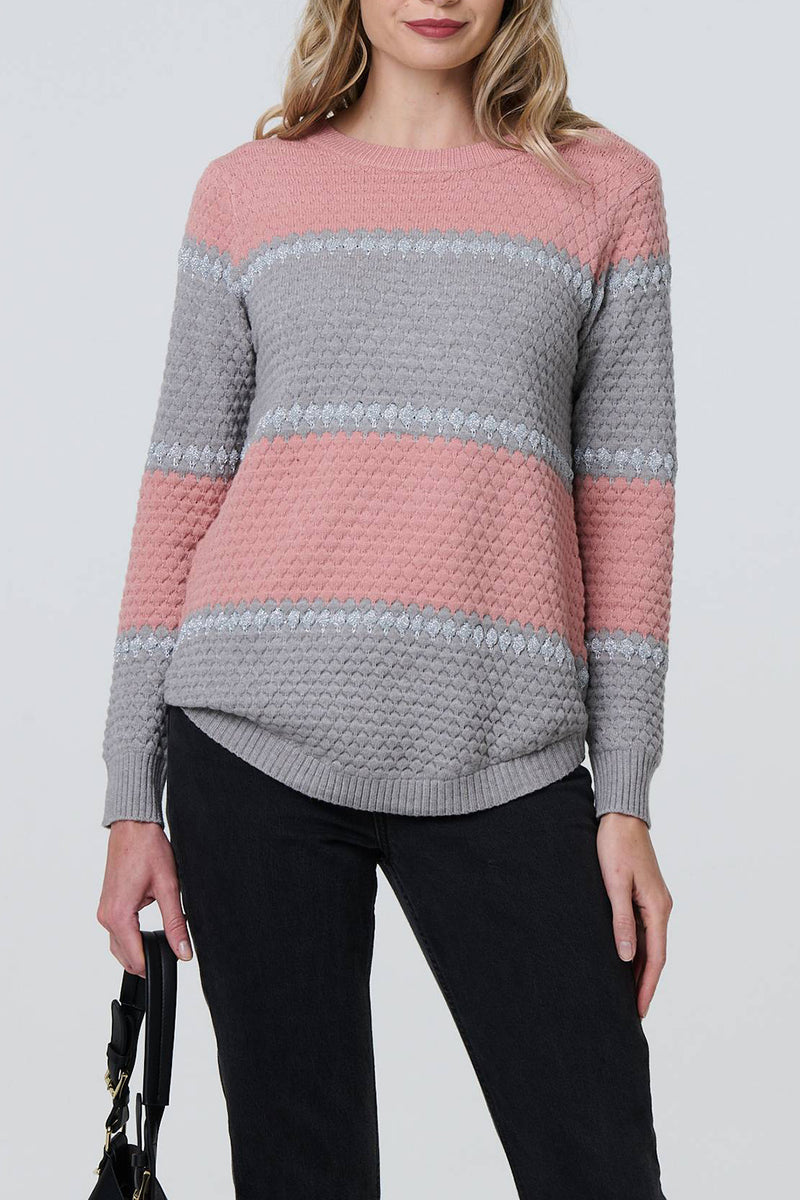MULTI PINK | Striped Texture Long Sleeve Jumper